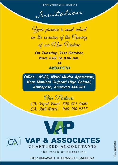 Our Office Opening Invitation - VAP & Associates - CA Services